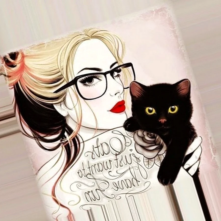 Девушка в очках с черным котом